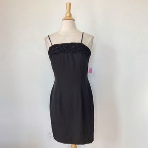 Vintage 90’s Solid Black Beaded & Sequin Floral Accent Sheath Dress